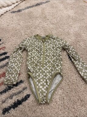 Little Co Long-Sleeve One-Piece Swimsuit in Sage Checker